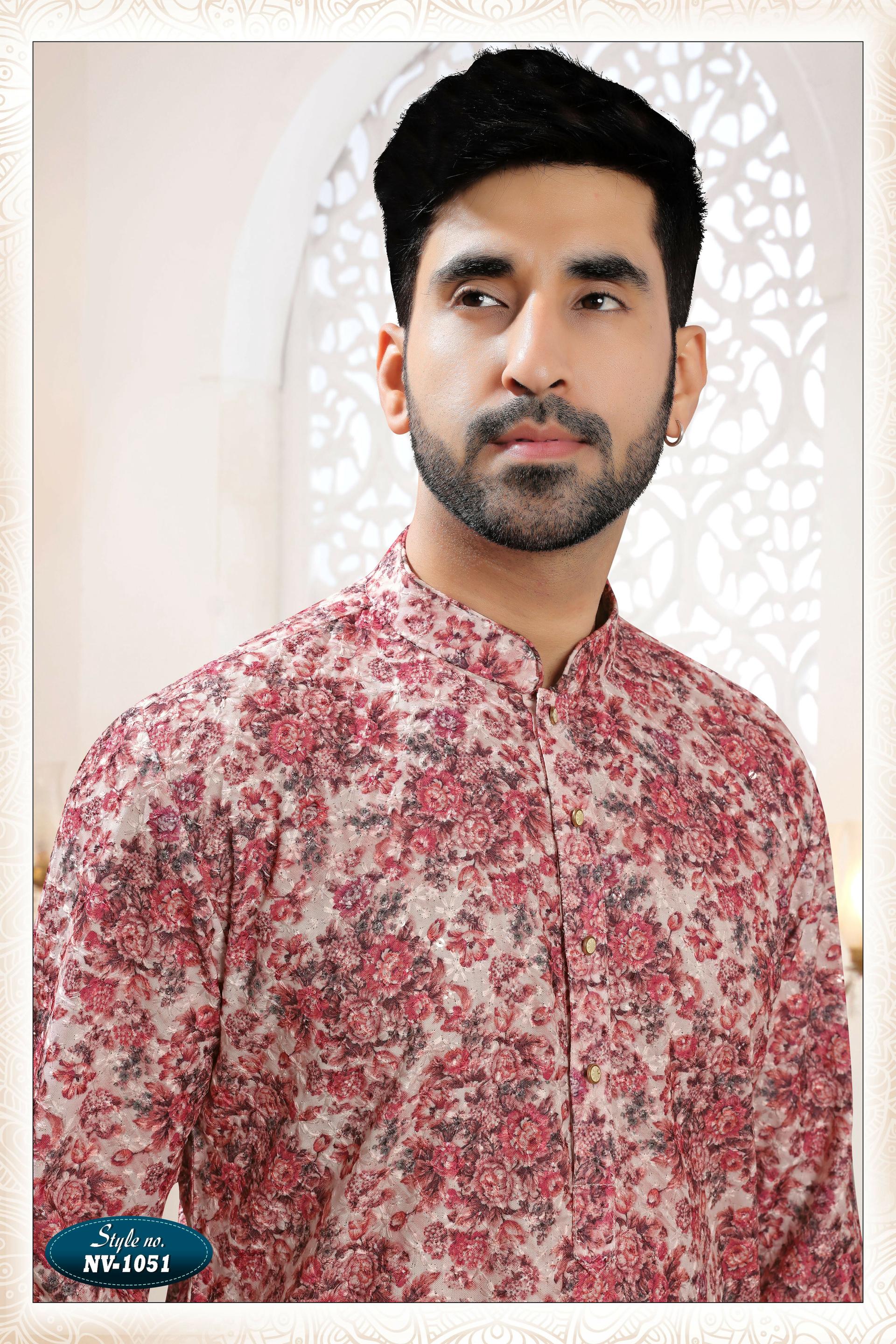 Joban Fashion Men's Pinkish Red Straight Rayon Thread Embroidery All Over Kurta Set