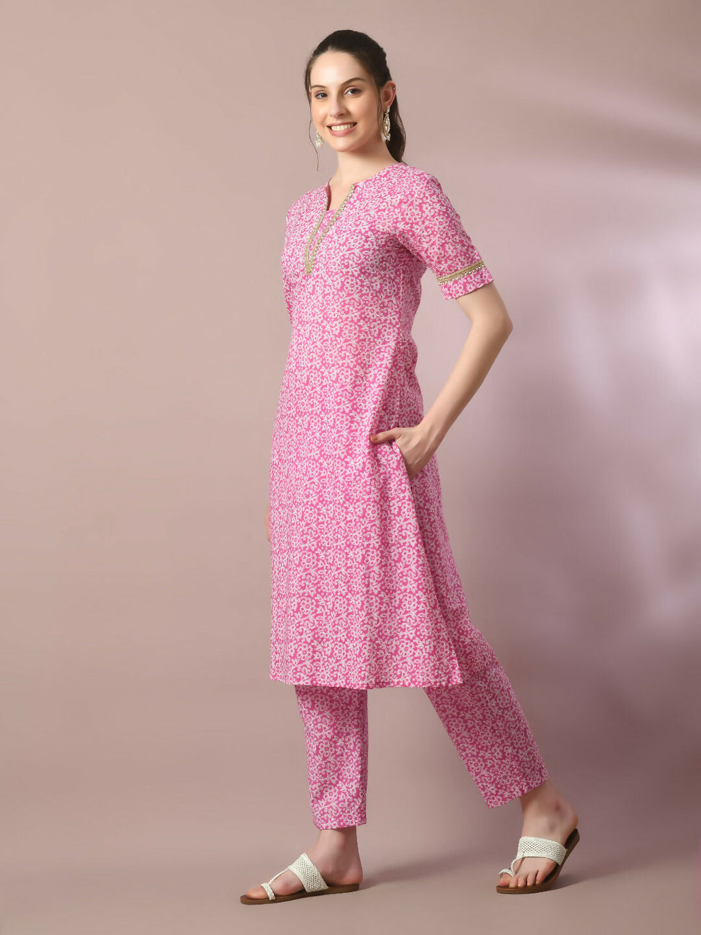 Myshka Women's Pink Printed Cotton Straight Party Kurta Set