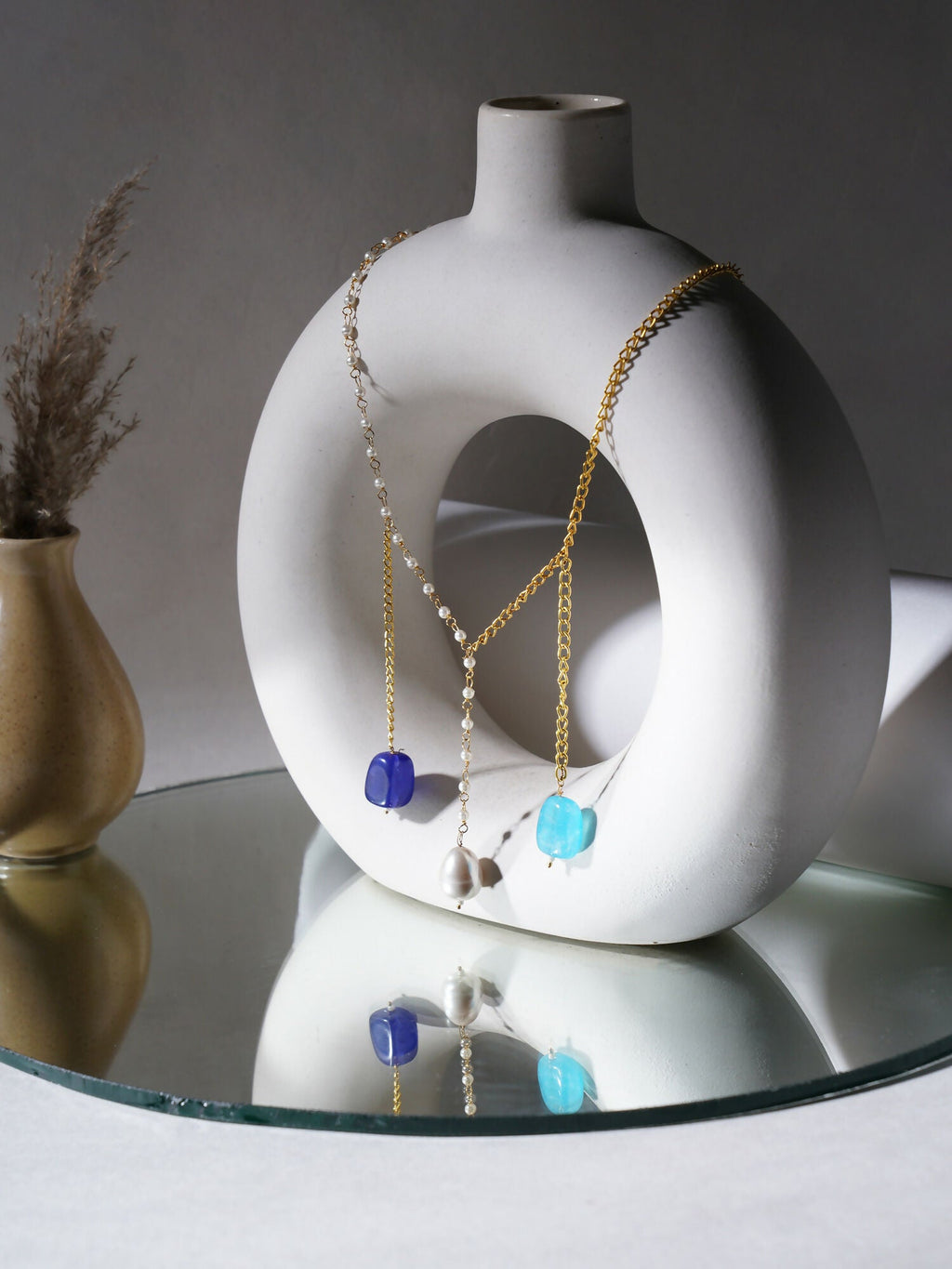 Long Pearl and Gold Chain Neckpiece (Gold) - Ruby Raang