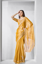 Yellow Burburry silk Swarovski Designer Work Saree - Shezlin