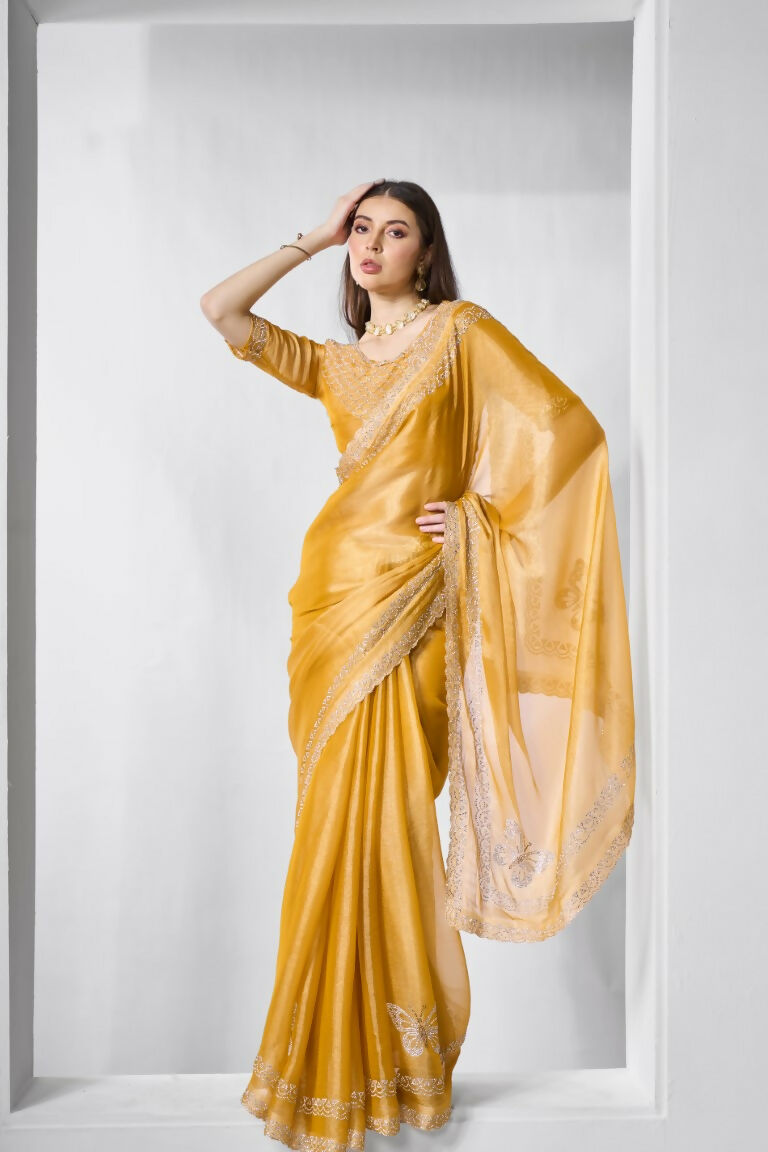 Yellow Burburry silk Swarovski Designer Work Saree - Shezlin