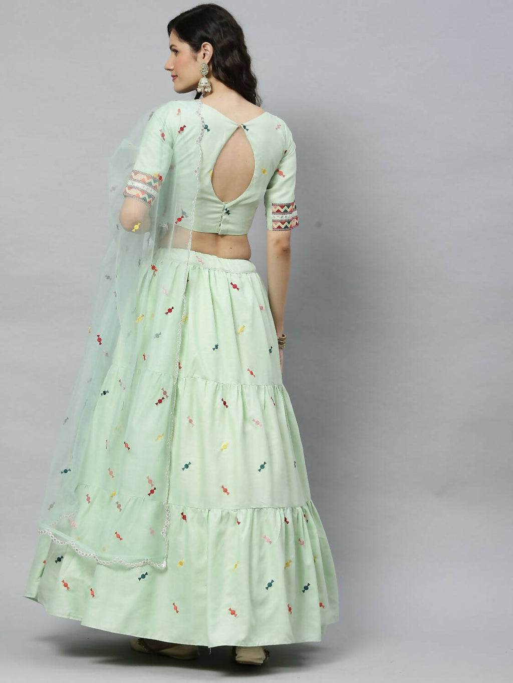 Pista Cotton Embroidered Work Lehenga Choli with Dupatta - Jivika
