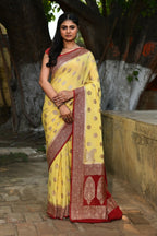 Joban Fashion Pale Yellow Crepe Chiffon Pure Handloom Banarasi Silk Saree