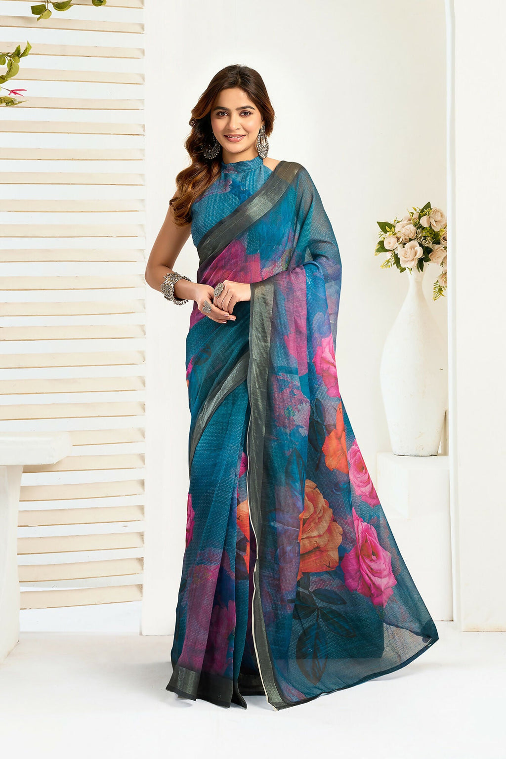 Vastranavya Teal Digital Printed Linen Ready To Wear Designer Saree with Unstitched Blouse - Distacart