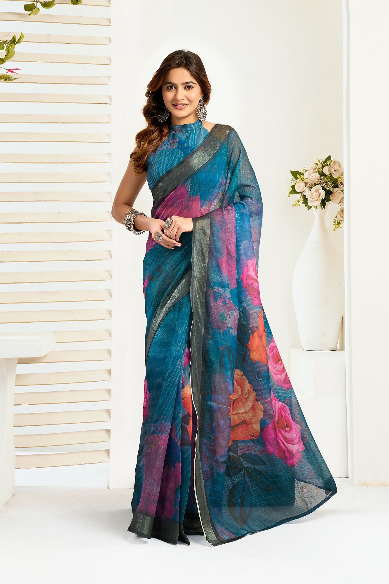 Vastranavya Teal Digital Printed Linen Ready To Wear Designer Saree with Unstitched Blouse - Distacart