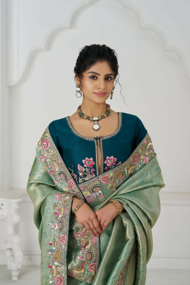 Kesar Fab Trending Reception Green Color With Multi-Thread Embroidery Saree