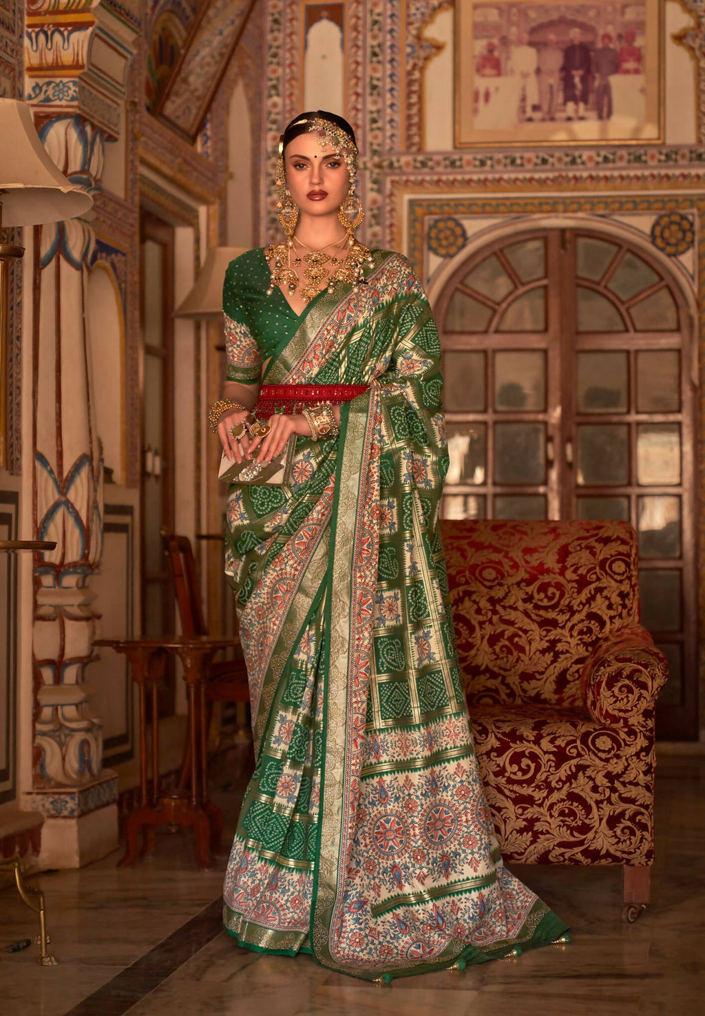 Dark Green P V Silk Digital Print, Zari Work Printed Saree - Rewaa Parampara