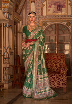 Dark Green P V Silk Digital Print, Zari Work Printed Saree - Rewaa Parampara