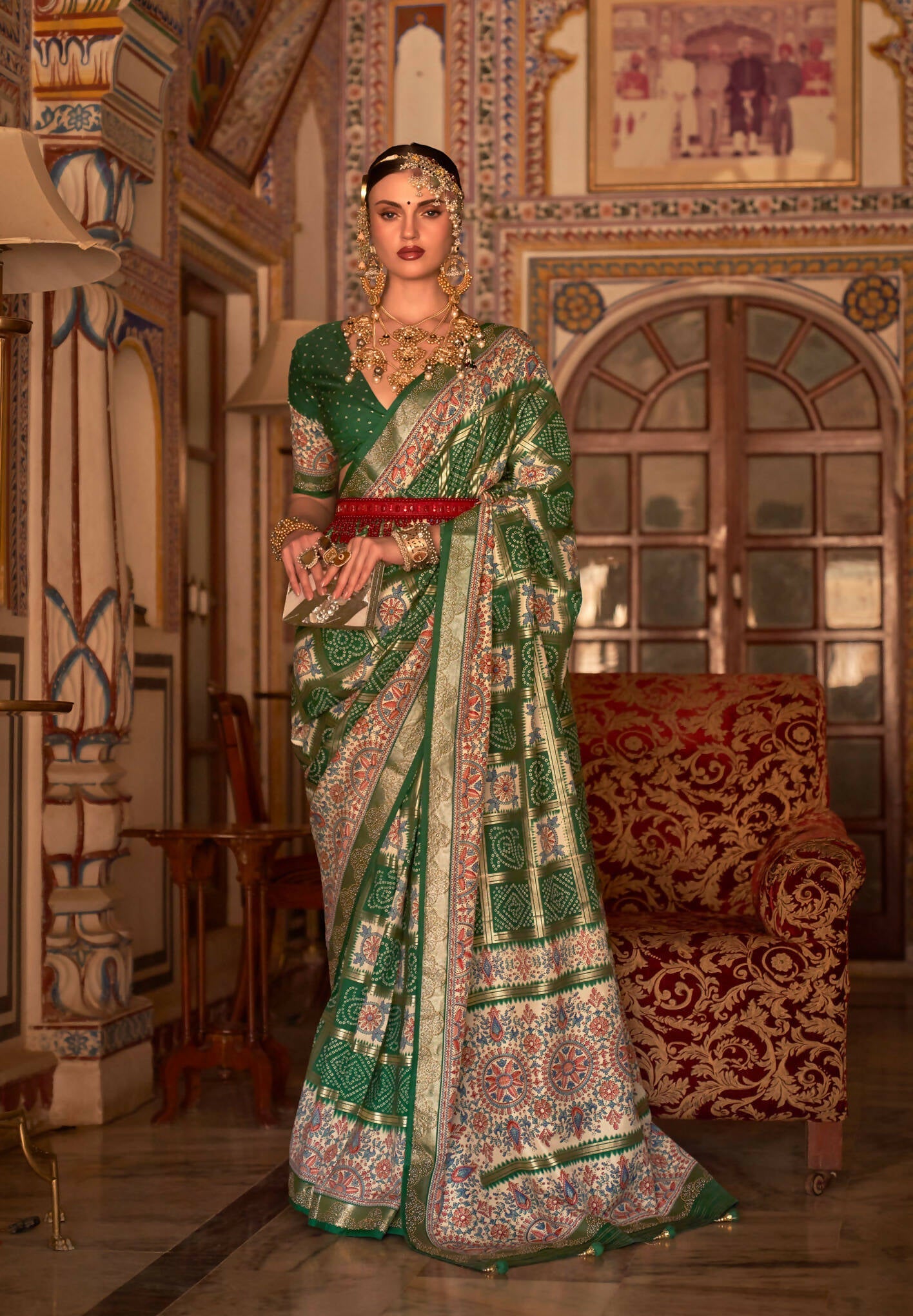 Dark Green P V Silk Digital Print, Zari Work Printed Saree - Rewaa Parampara