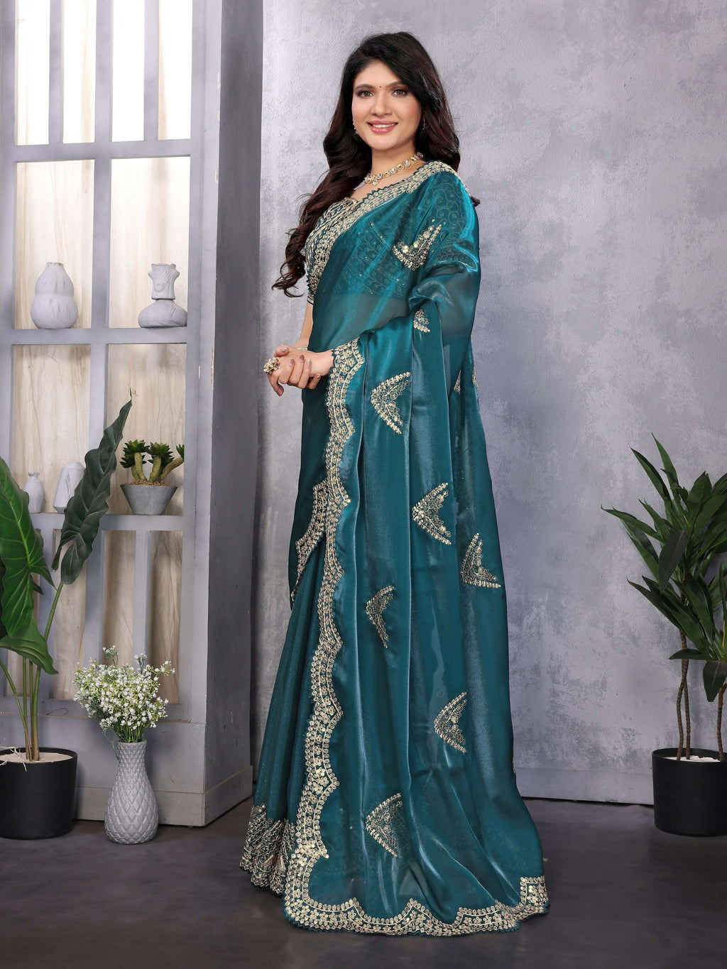 Vastranavya Teal Embroidery Work Shimmer Chiffon Saree with Unstitched Blouse - Distacart