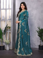 Vastranavya Teal Embroidery Work Shimmer Chiffon Saree with Unstitched Blouse - Distacart