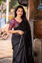 Black Pure Linen Ethnic Motifs Saree with Unstitched Blouse - A2M - Distacart