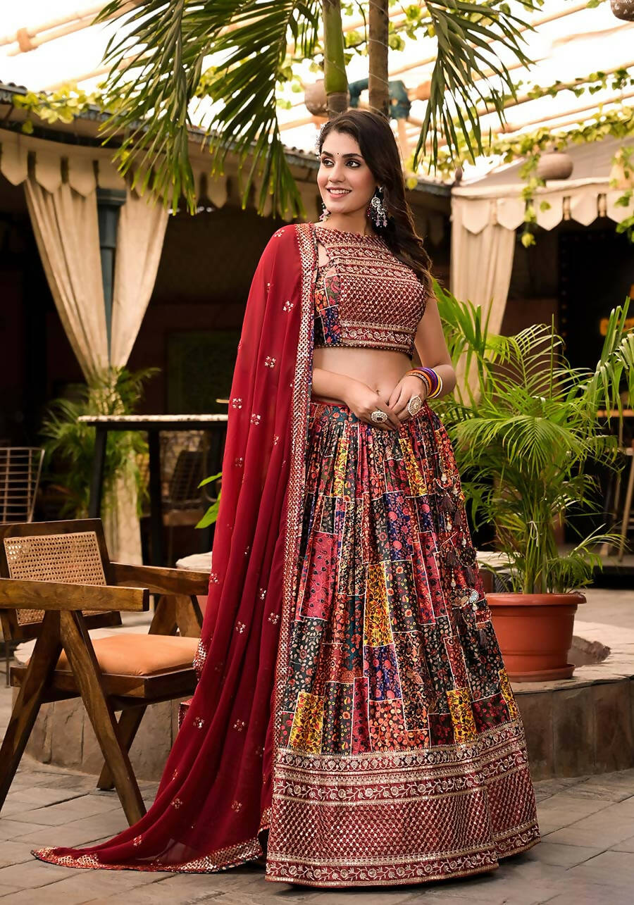Women's Wedding Traditional Multi Dull Satin Lehenga Choli - Kaushlya