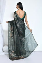 Green Satin Silk Foil Print Festive Saree - Nimaya Denzy