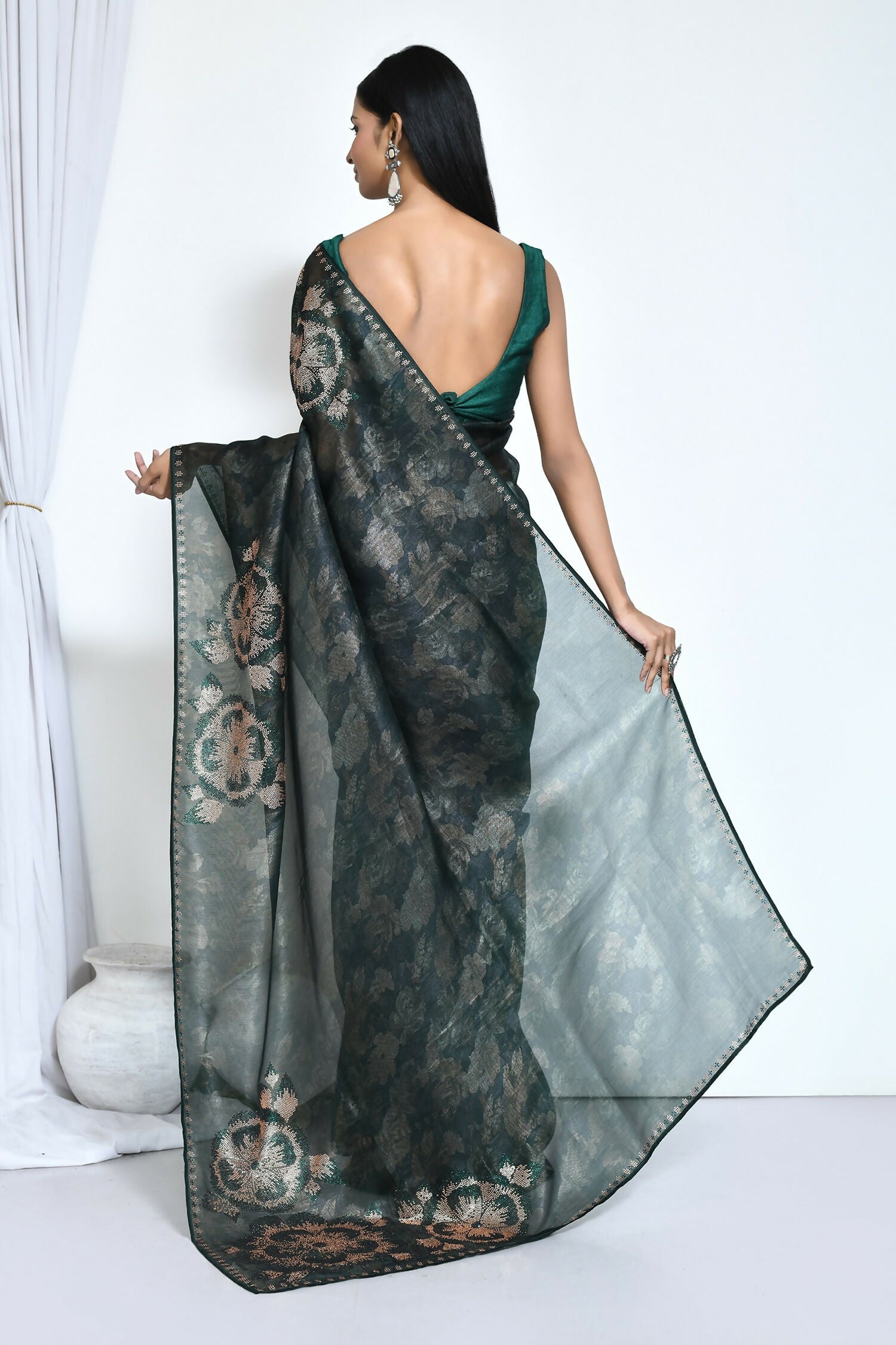Green Satin Silk Foil Print Festive Saree - Nimaya Denzy