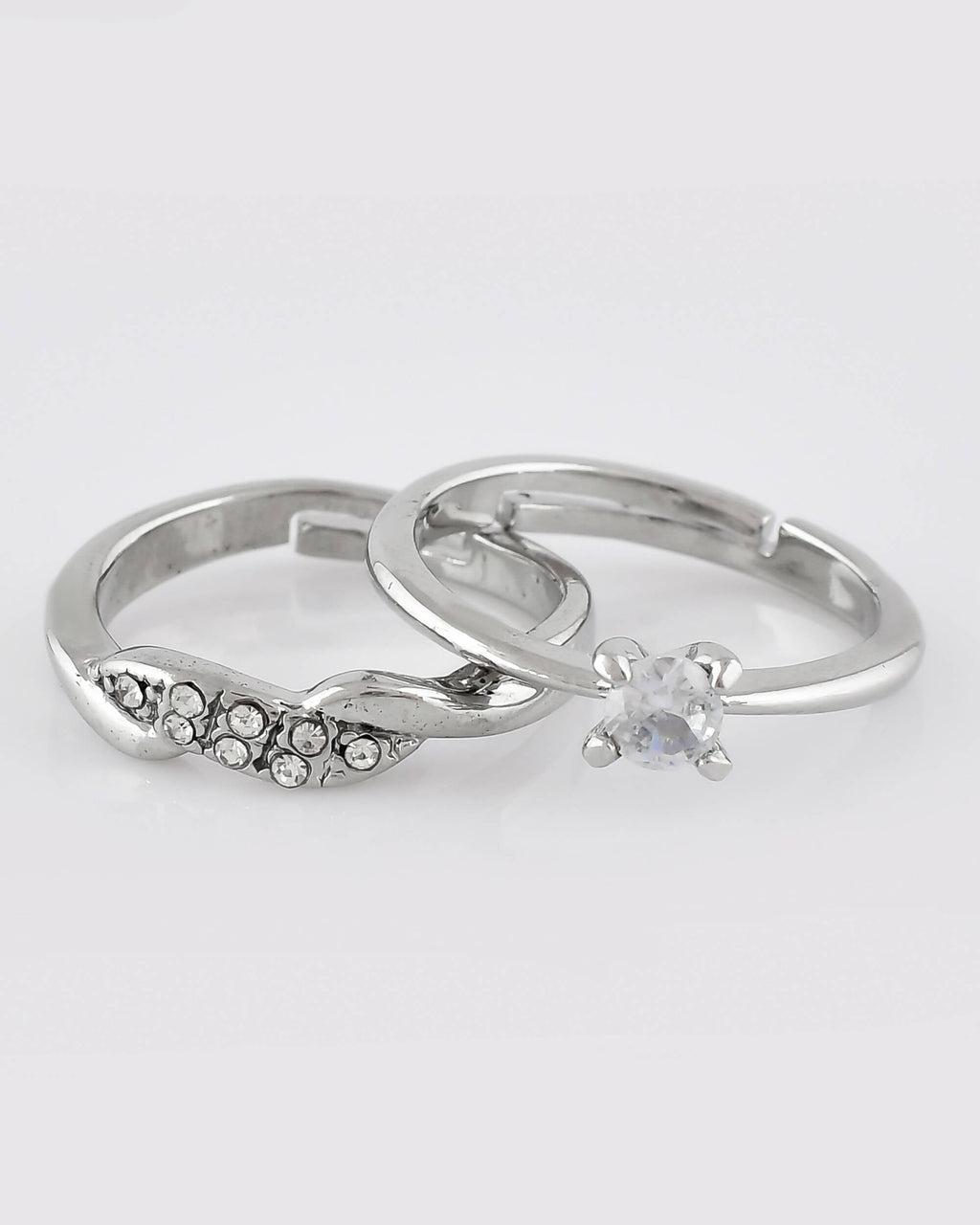 VOJ Stainless Steel Cubic Zirconia Silver Plated Adjustable Ring Set for Couple