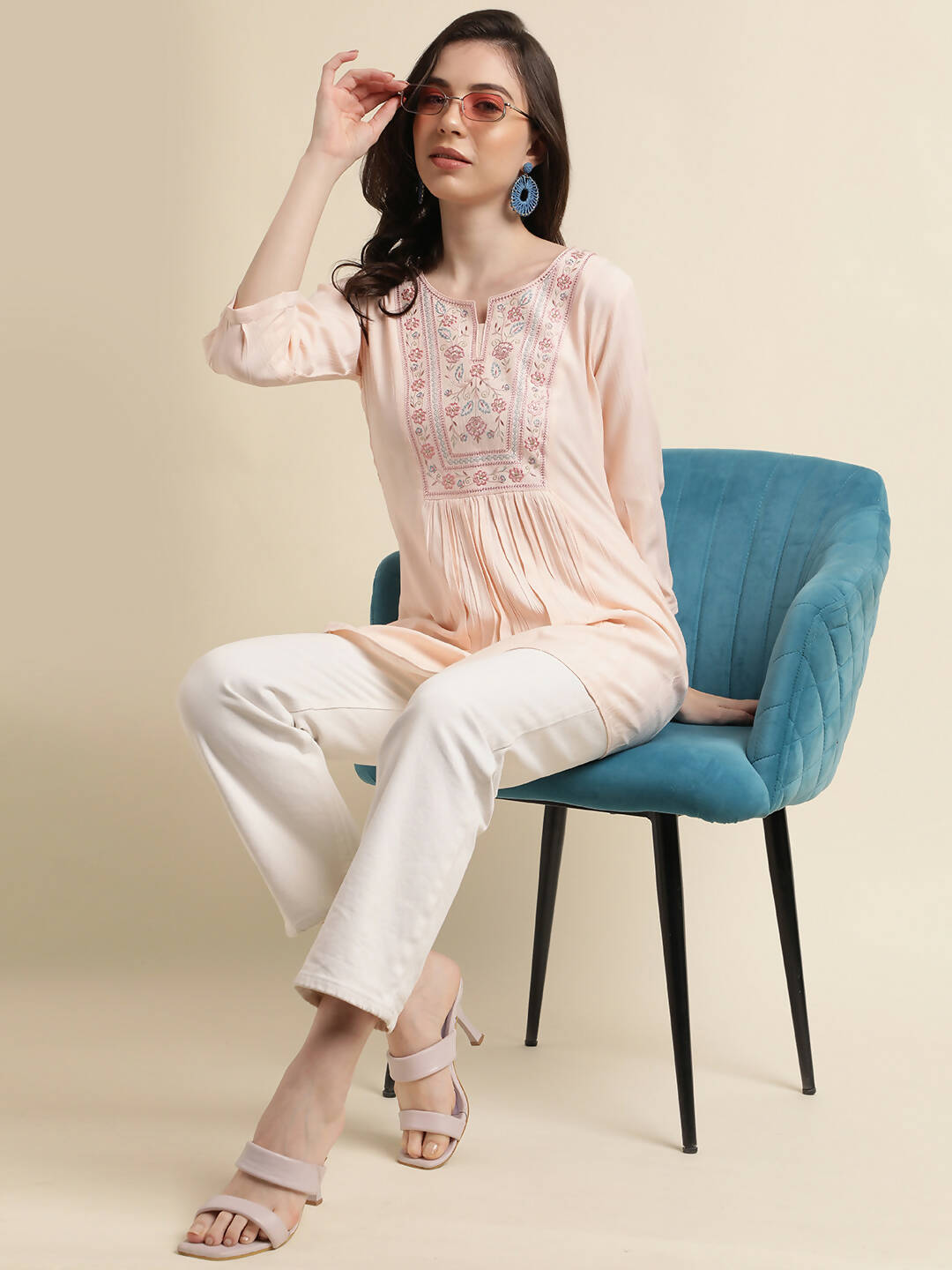 Peach Viscose Rayon Yoke Embroidered A-line Top - Tarini