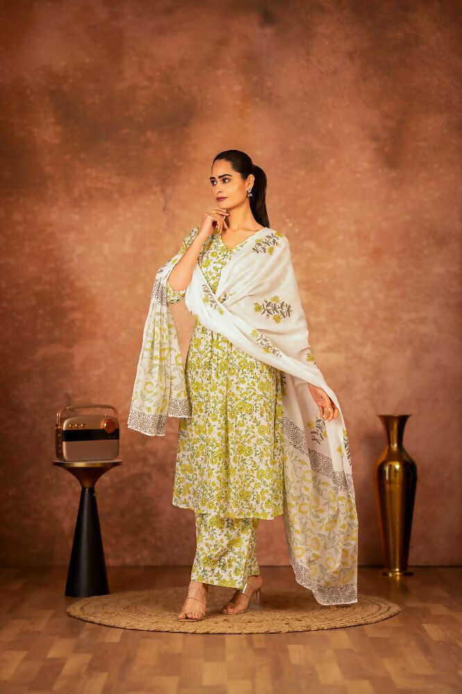 Joban Fashion Yellow Hand Block Printed Cotton Suit Set - Distacart