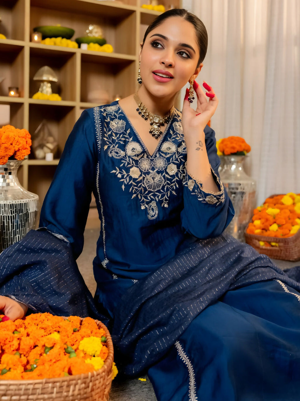 The52 Women's Beautiful Viscose Silk Fabric Embroidery Work A-Line Kurta Pant and Dupatta Set - Distacart