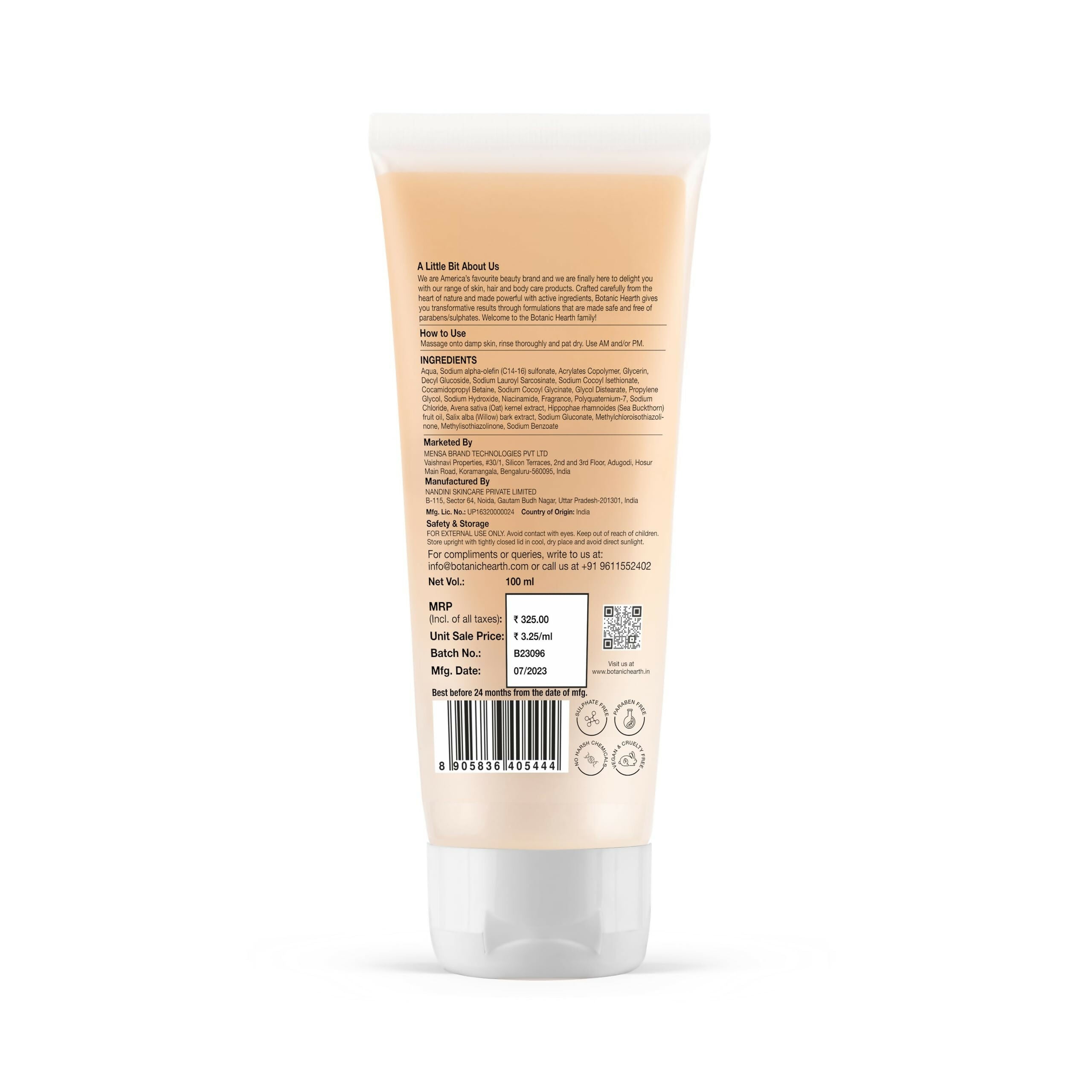 Botanic Hearth Oat & Niacinamide Cleanser Face Wash Enriched with Seabuckthorn Fruit Oil, Willow Bark Extract