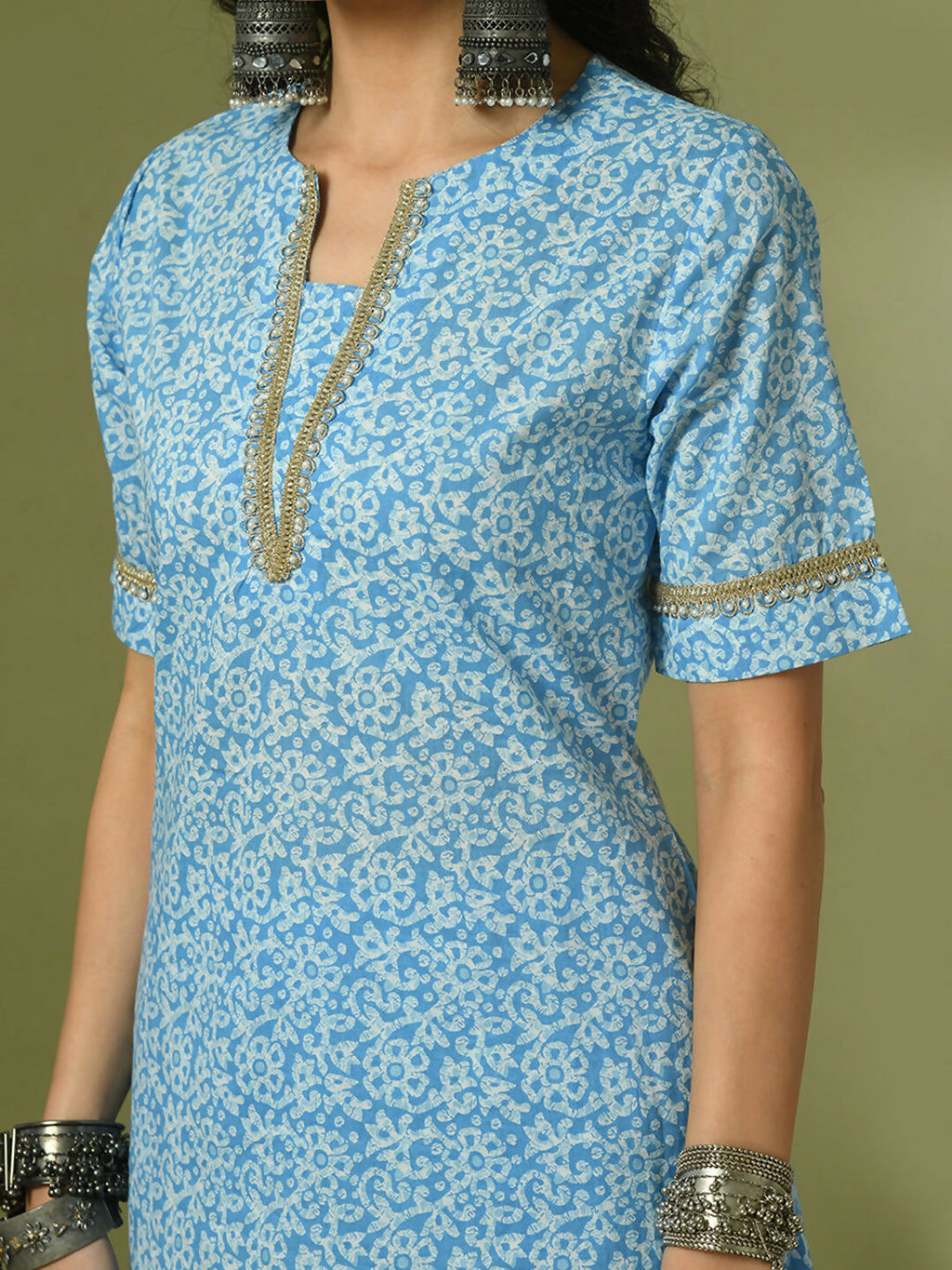 Myshka Women's Blue Printed Cotton Straight Party Kurta Set