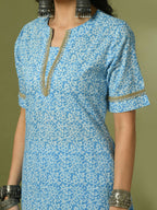 Myshka Women's Blue Printed Cotton Straight Party Kurta Set