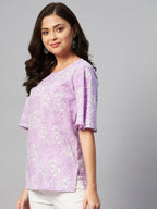 Miravan Women's Lavender-Coloured Bell Sleeve Floral Print Kurti