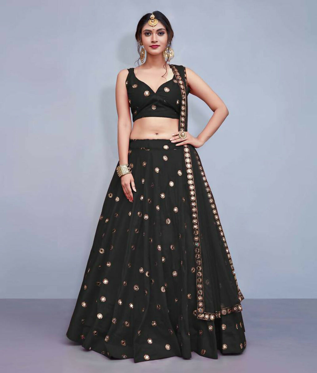 Jyoti Fashion Beautiful Black Embroidered with Mirror work Art Silk Party Wear Lehenga Choli with Dupatta