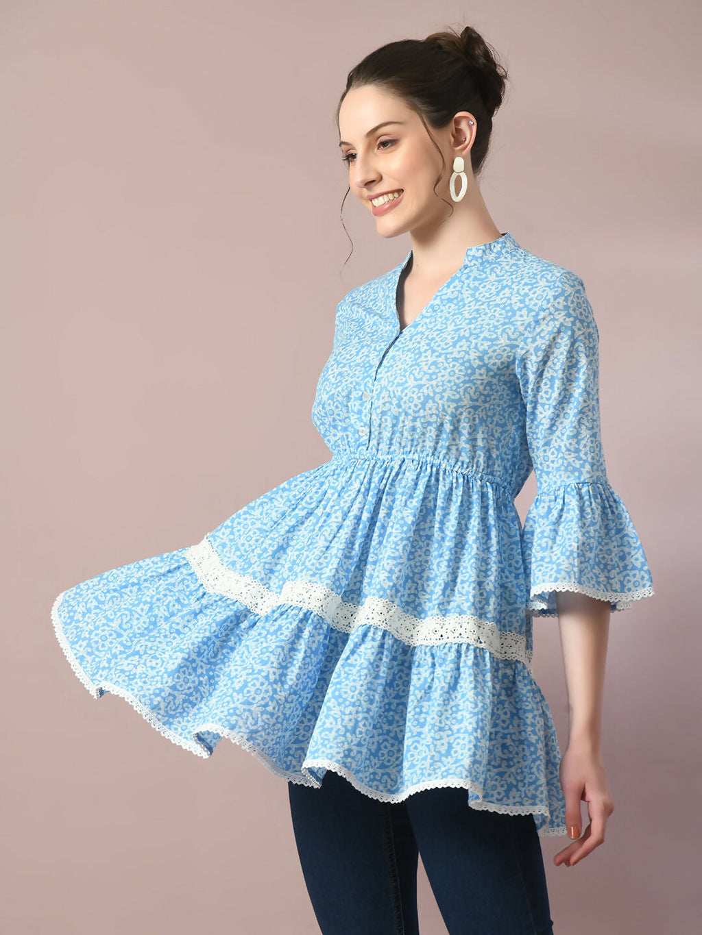 Myshka Women's Blue Embellished Cotton Gathered Party Empire Top