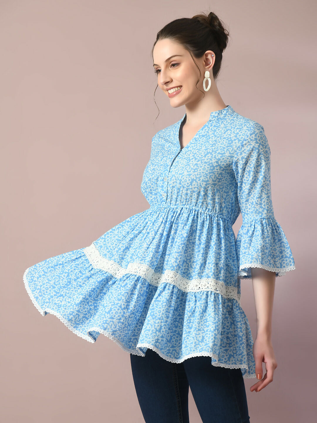 Myshka Women's Blue Embellished Cotton Gathered Party Empire Top
