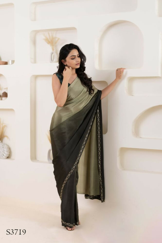 Grey Satin Pedding Designer, Printed Party Wear Ready To Wear Saree - Femina