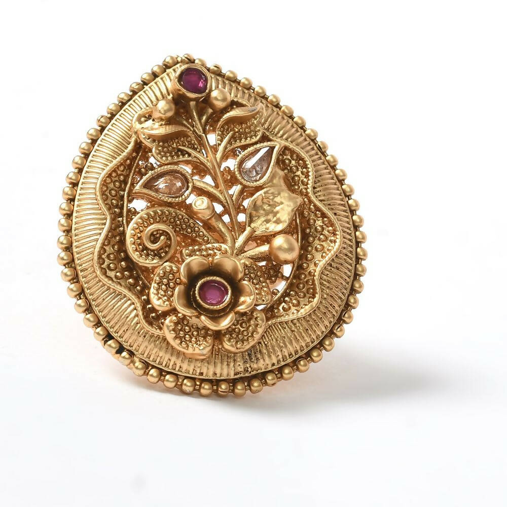 Mominos Fashion Joharkamal Gold-Polished Stone Studded Adjustable Finger Ring - Design 07