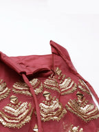 House of Panchhi Women Rosegold Net Embroidered Mirror Lehenga & Blouse with Dupatta