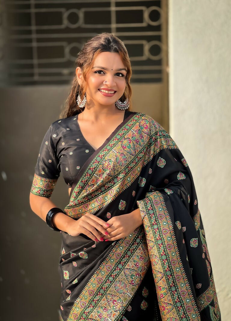 Black Pashmina Silk Wevon Kashmiri Meenakari Designer Saree with Unstitched Blouse - Vandini