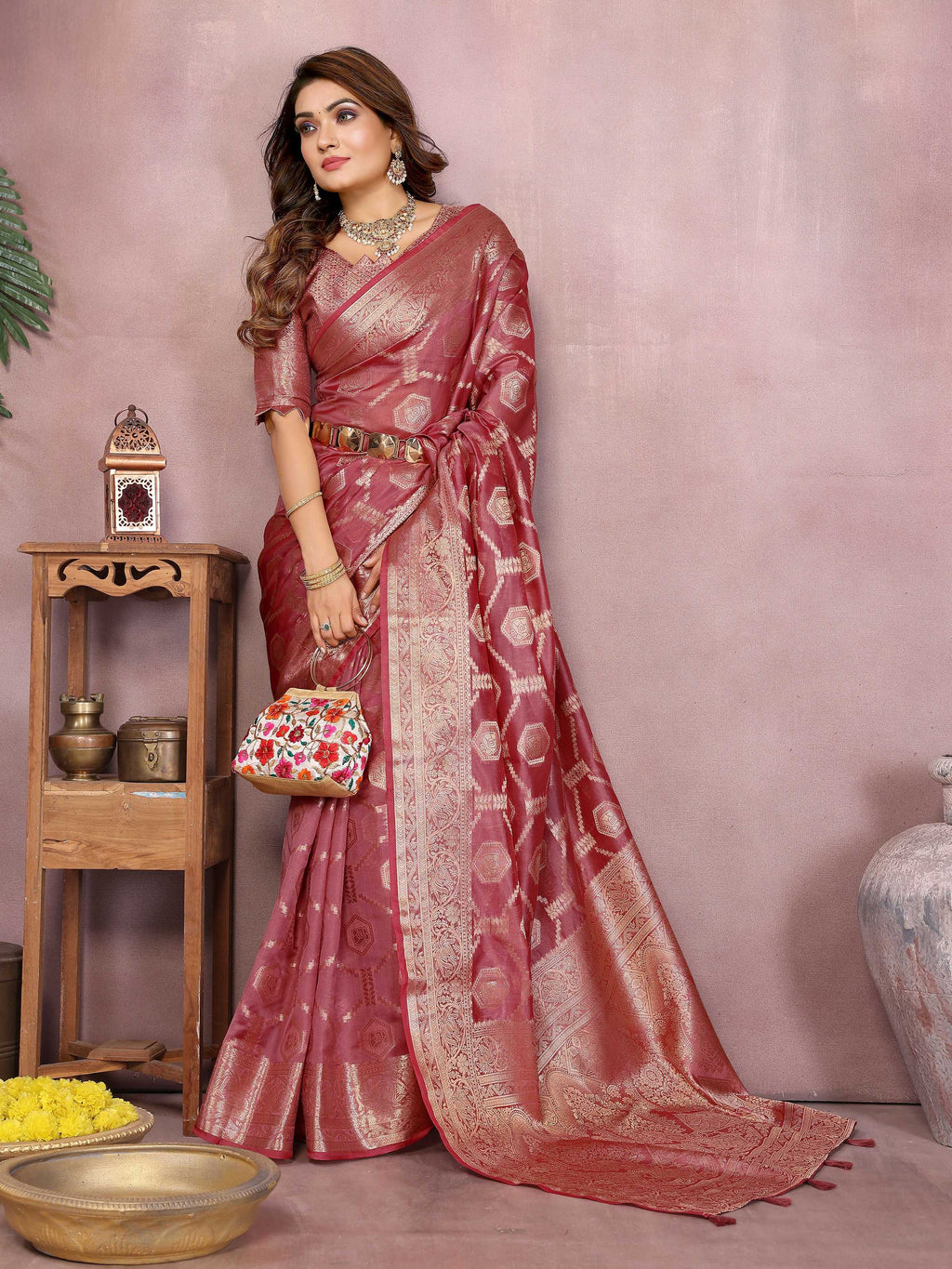 Aastha Fashion Dark Pink Soft Organza Silk Weaving Saree - Distacart