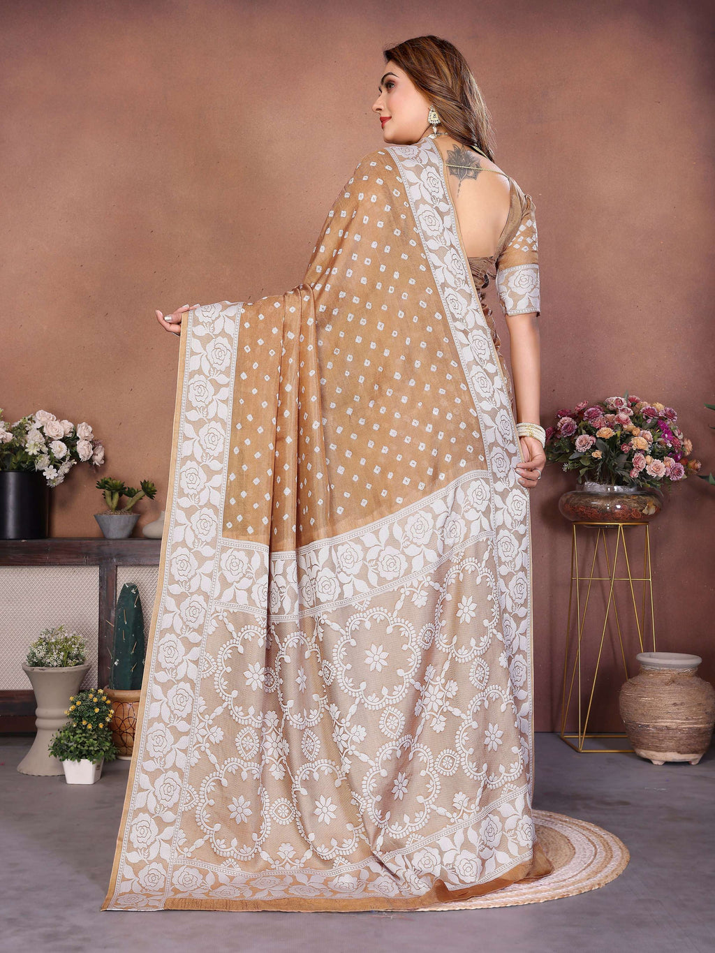 Aastha Fashion Light Brown Viscose Silk Handmade Original Bandhej Saree - Distacart