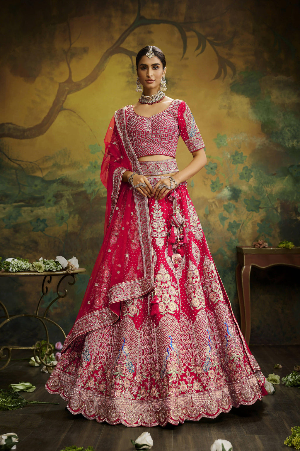 House of Panchhi Red Pure Silk Moti & Zarkan heavy embroidery Lehenga choli & Dupatta