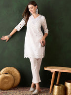 Sangria White Floral Embroidered V-Neck Mirror Work Pure Cotton Kurta with Trousers