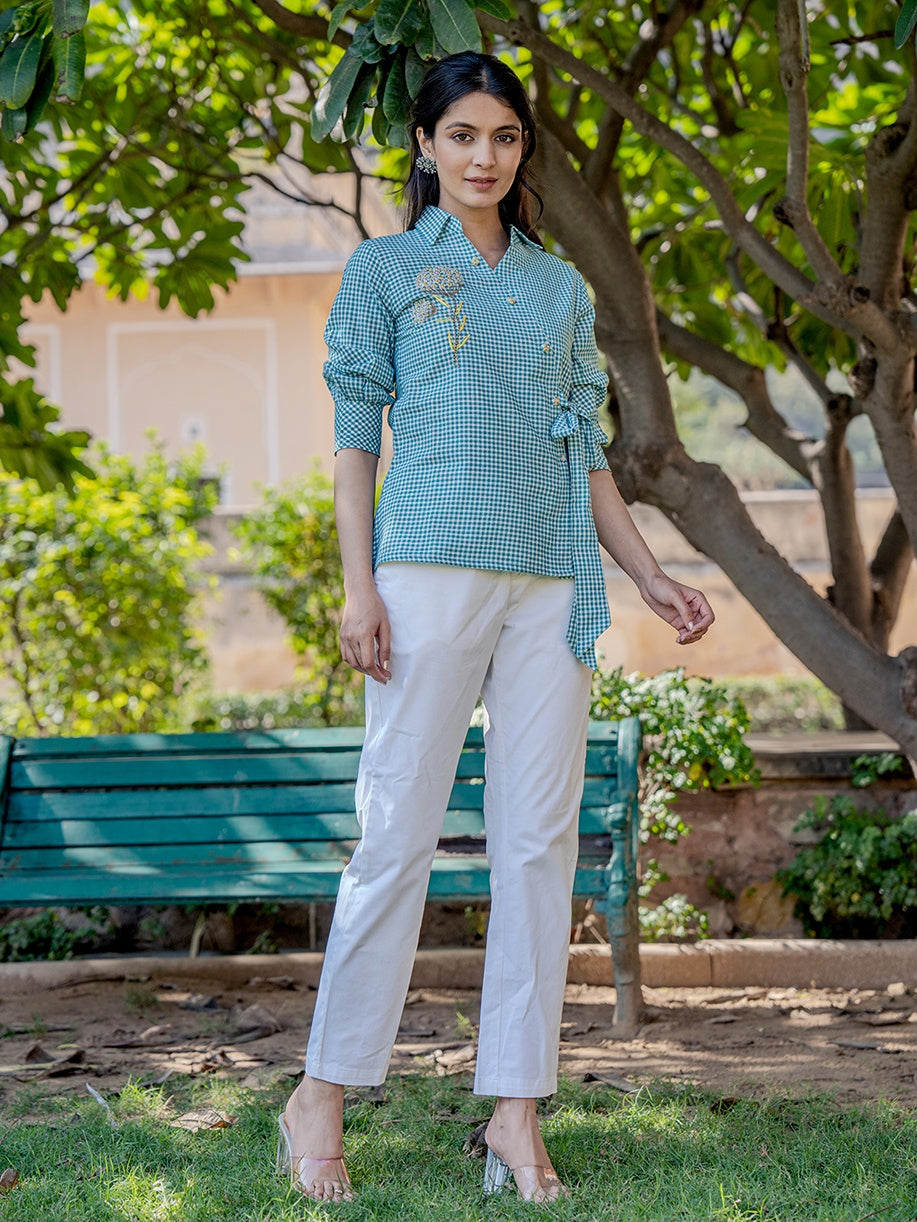 Yufta Weaved Sea Green Cotton Checks Printed Top With Embroidery