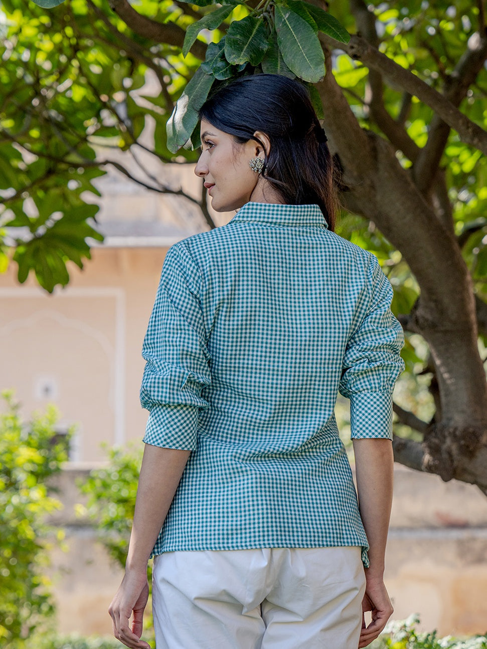 Yufta Weaved Sea Green Cotton Checks Printed Top With Embroidery