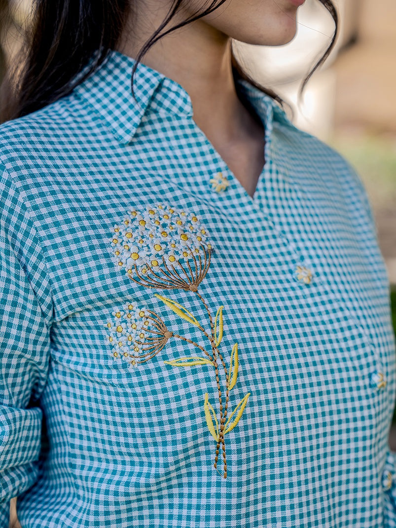 Yufta Weaved Sea Green Cotton Checks Printed Top With Embroidery