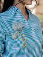 Yufta Weaved Sea Green Cotton Checks Printed Top With Embroidery