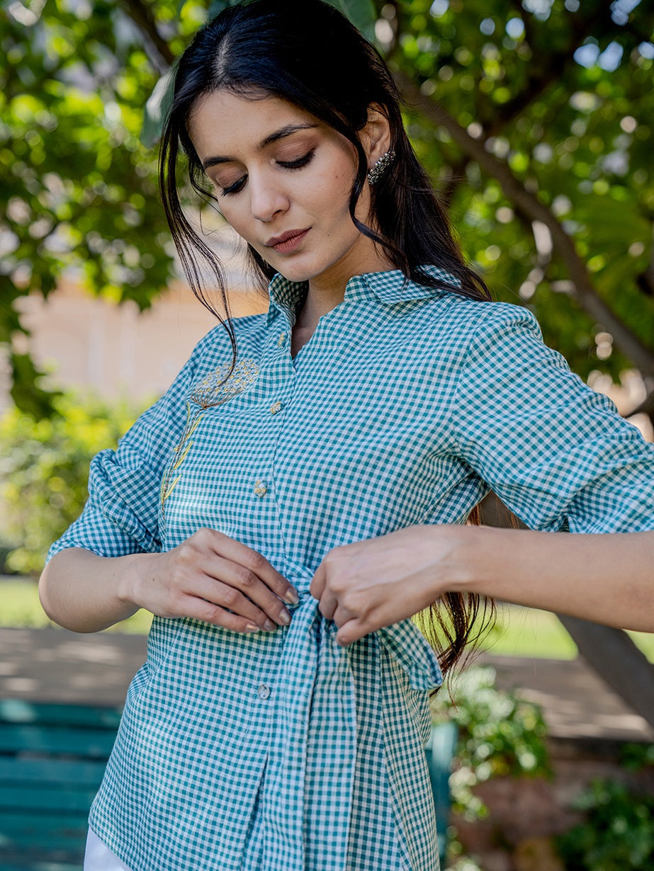 Yufta Weaved Sea Green Cotton Checks Printed Top With Embroidery