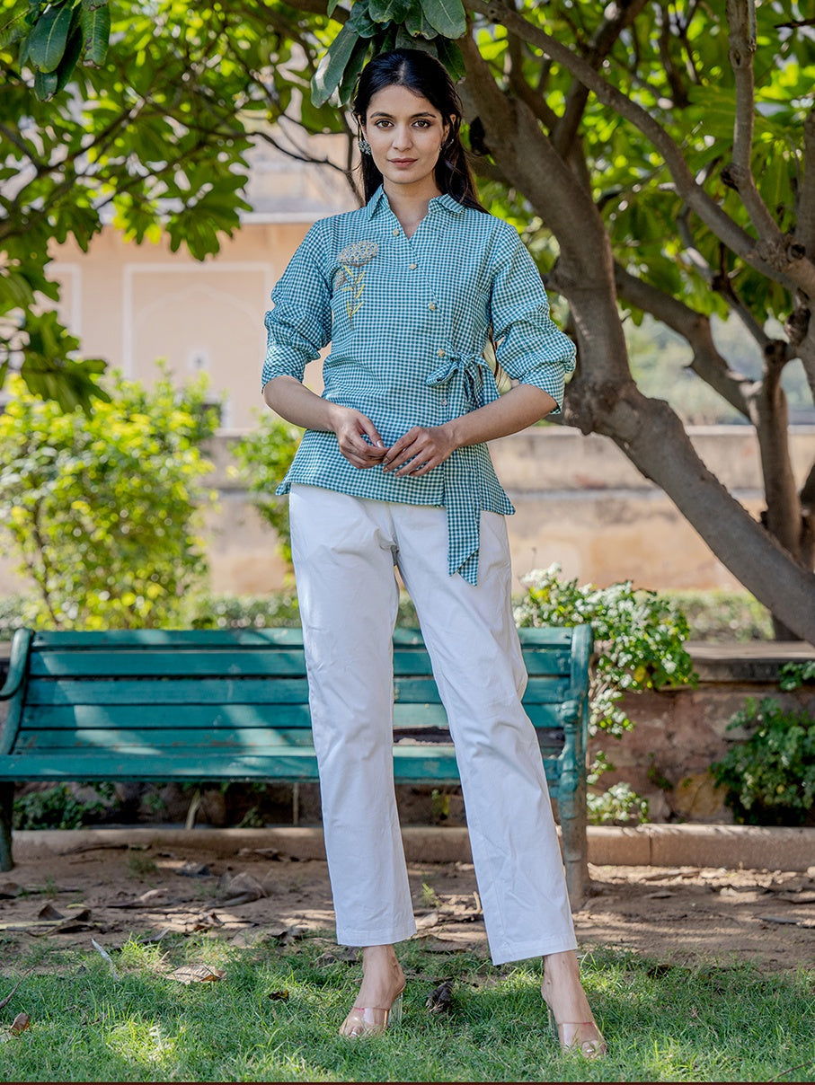 Yufta Weaved Sea Green Cotton Checks Printed Top With Embroidery