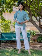 Yufta Weaved Sea Green Cotton Checks Printed Top With Embroidery