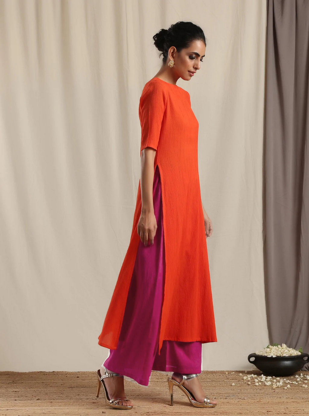 trueBrowns Orange Crinkle Slit Kurta Pant Set Relove - Distacart