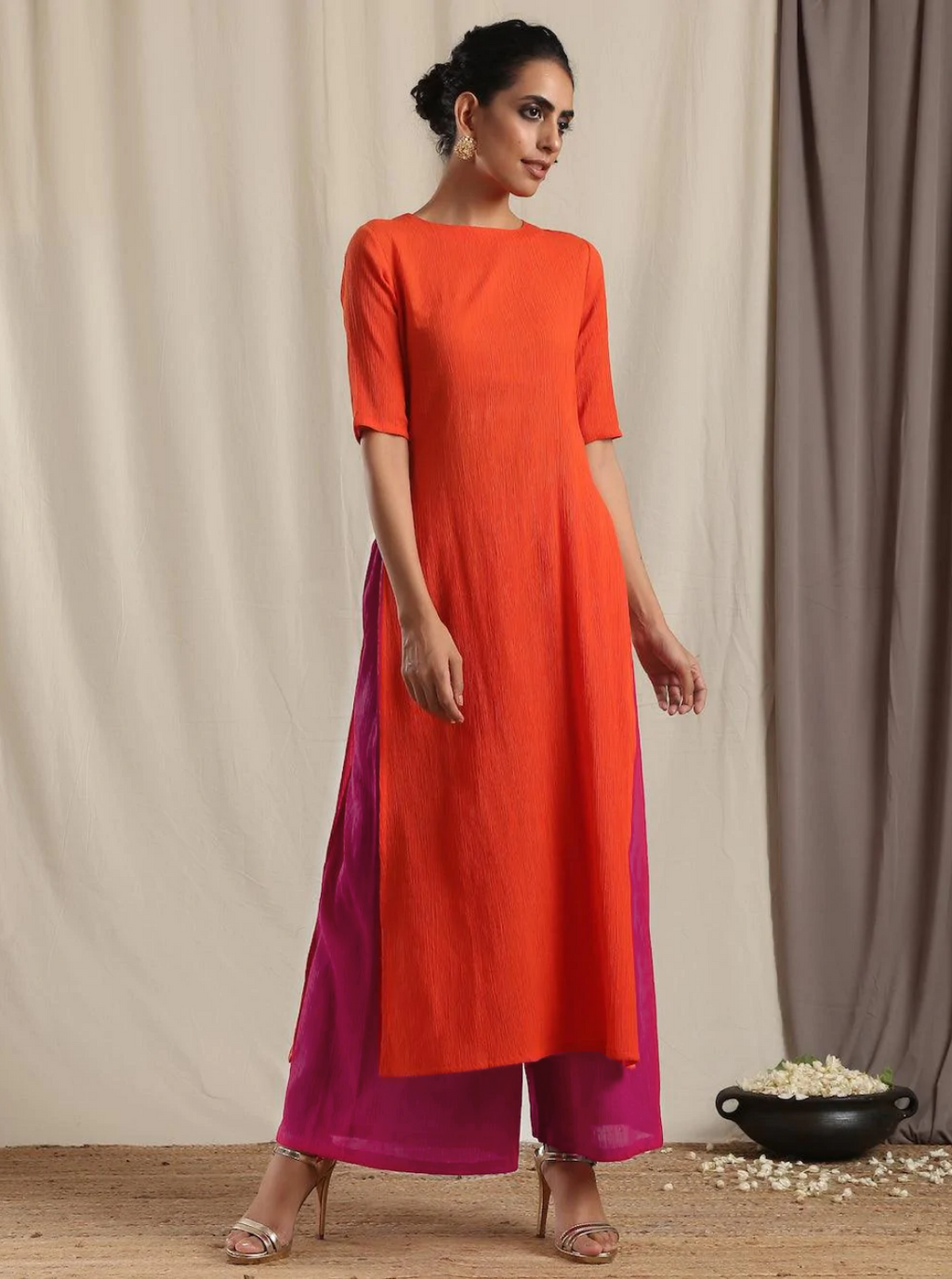 trueBrowns Orange Crinkle Slit Kurta Pant Set Relove - Distacart