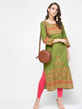 Cheera Hand Block Print Olive green Color Straight Kurta