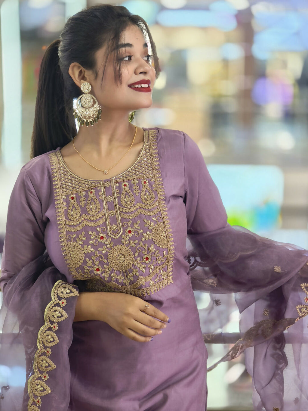 Vellora Light Lavender Silk Blend Embroidered Salwar Suit Set
