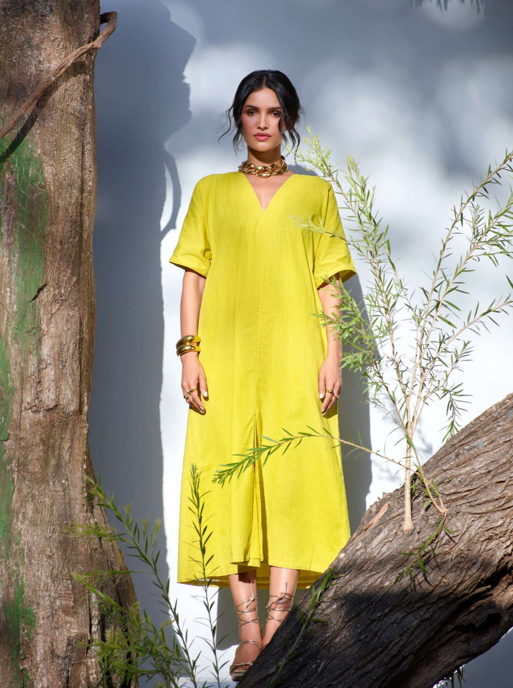 trueBrowns Lime Cotton Front Slit Dress - Distacart